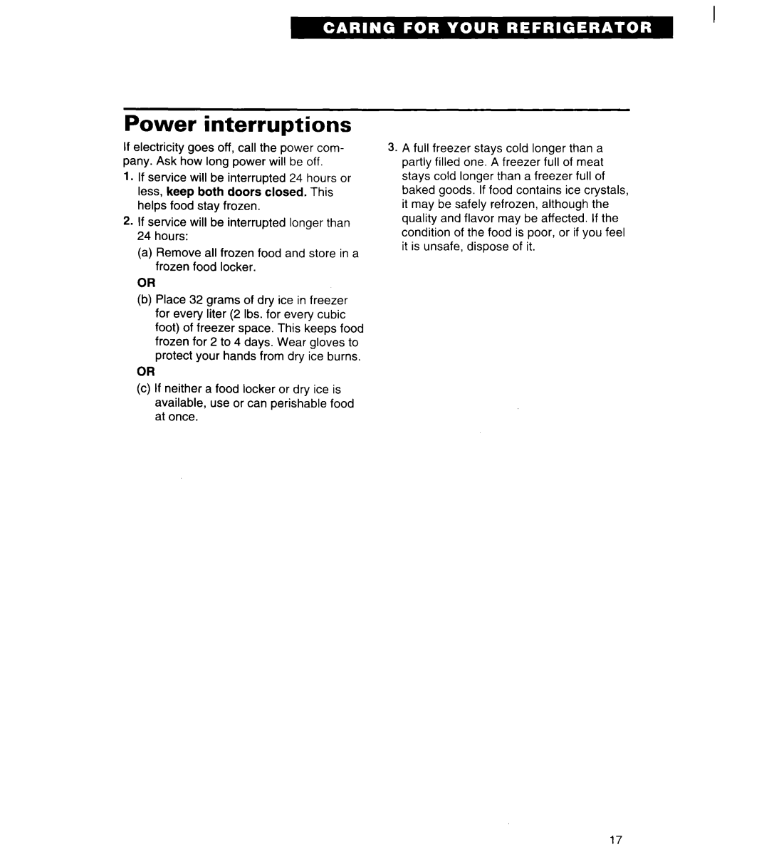Whirlpool 4ED20ZK important safety instructions Power interruptions 