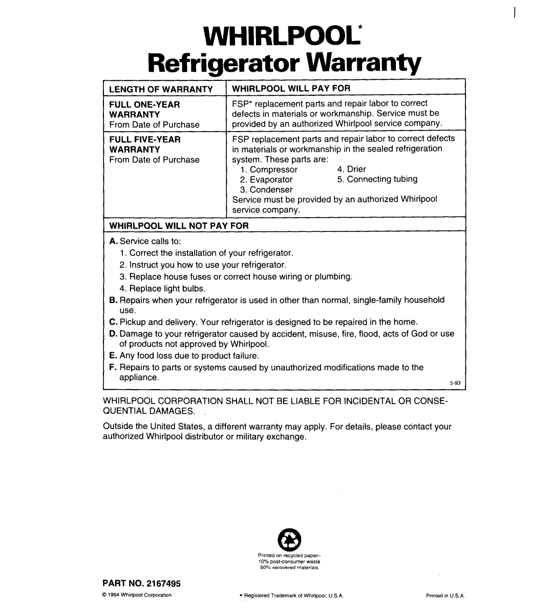 Whirlpool 4ED20ZK important safety instructions WHIRLPOOL’ Refrigerator Warranty 