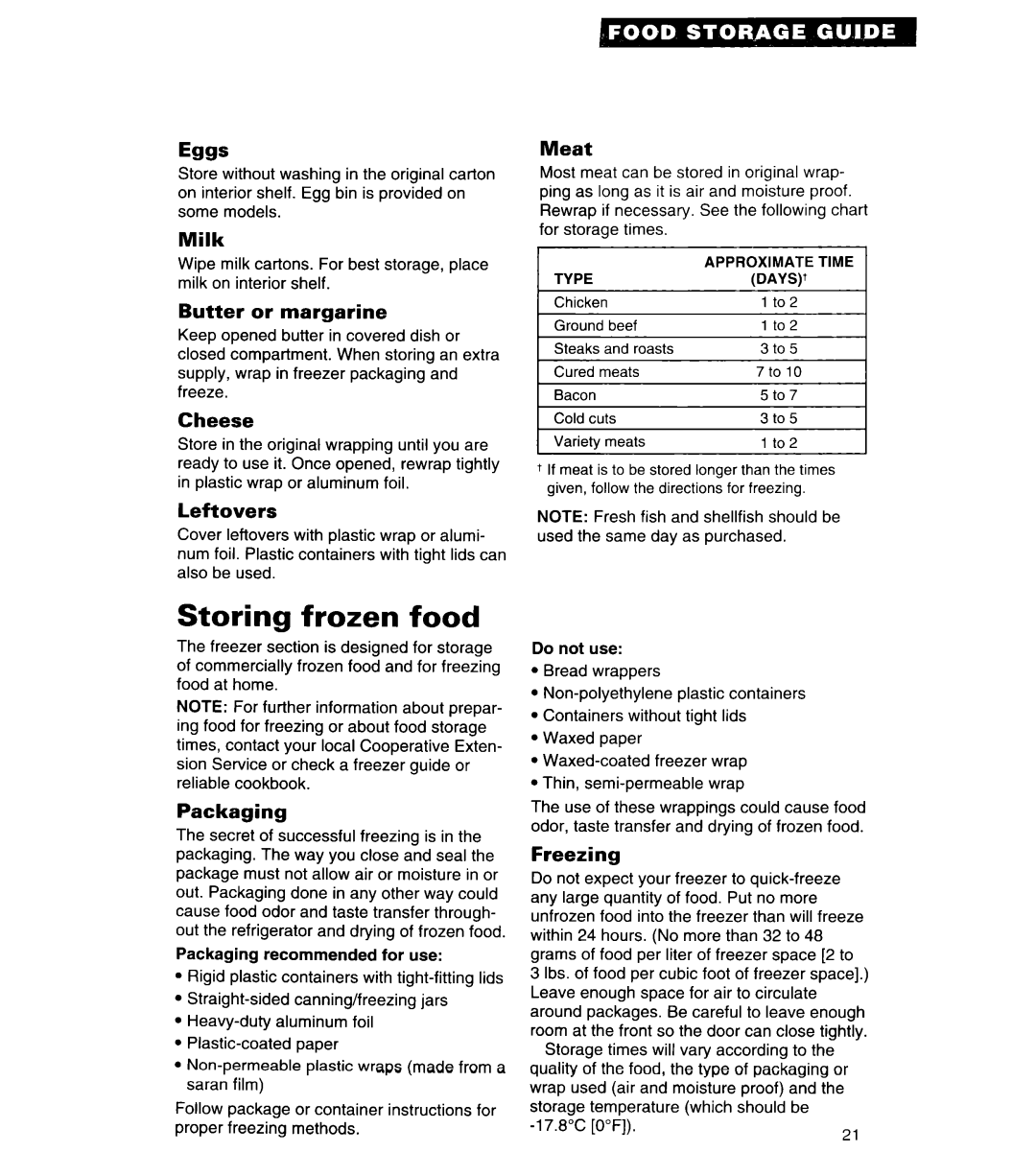 Whirlpool 4ED25DQ important safety instructions Storing frozen food 