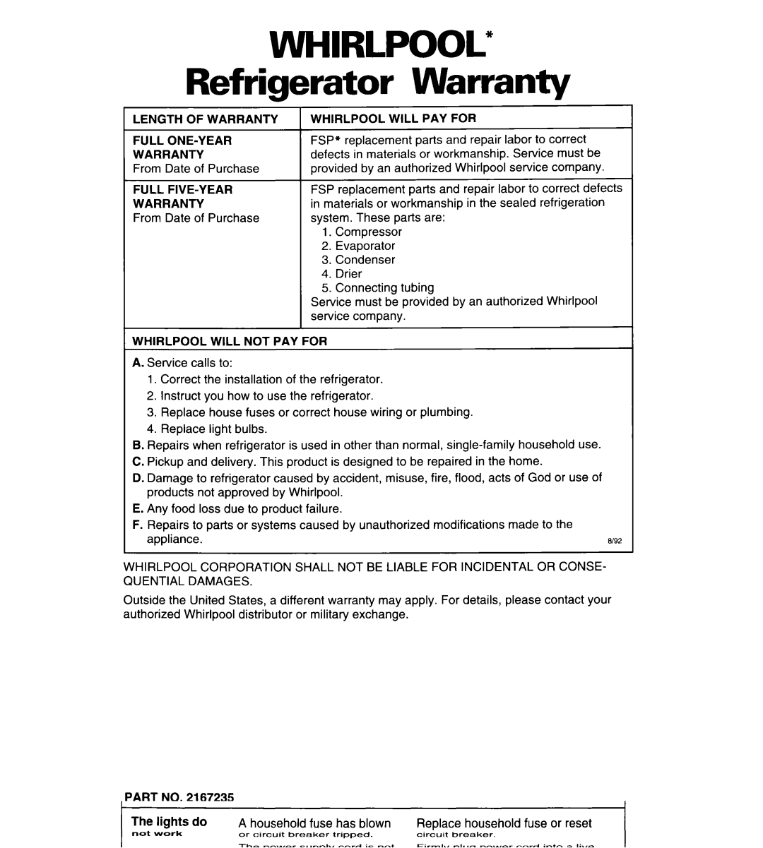 Whirlpool 4ED25DQ important safety instructions Refrigerator Warranty, Full ONE-YEAR Warranty, Full FIVE-YEAR Warranty 