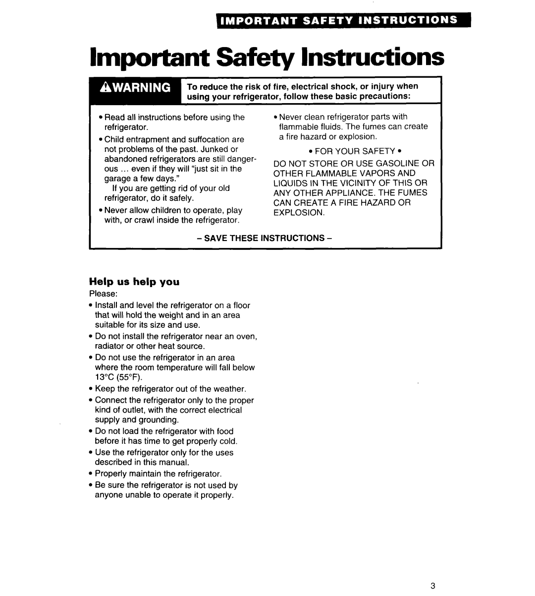 Whirlpool 4ED25DQ important safety instructions Important Safety Instructions, Help us help you 