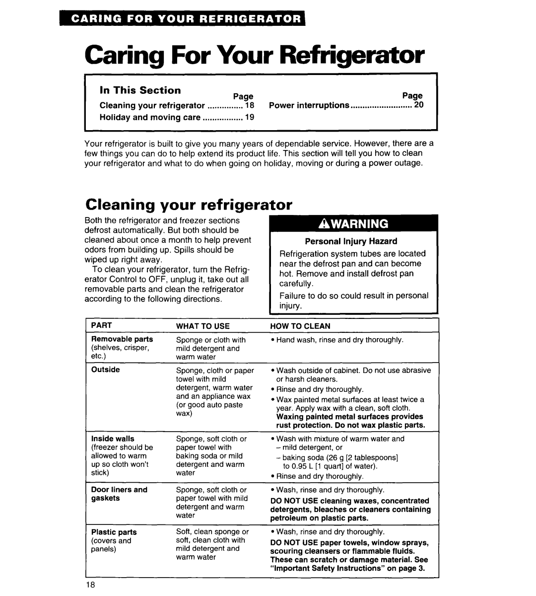 Whirlpool 4ED25DQ Caring For, Your, Cleaning your refrigerator, Refrigerator, In This, Section 