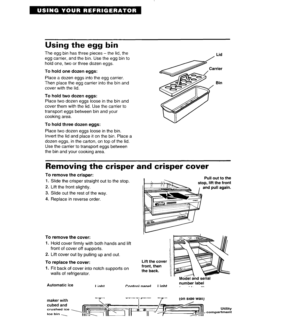 Whirlpool 4ED27DQ important safety instructions Using Egg Bin, Removing the crisper and crisper cover 