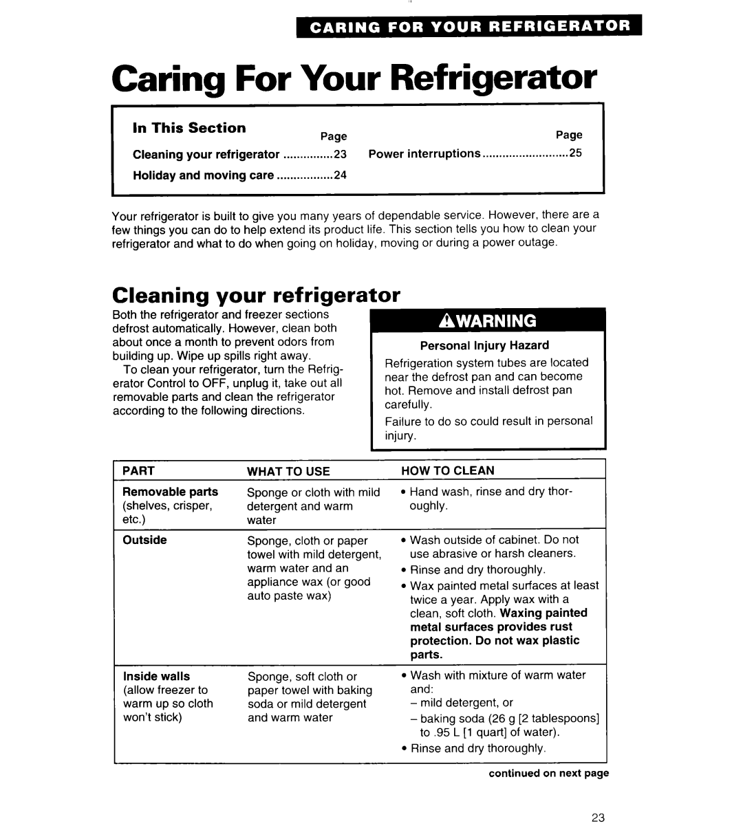 Whirlpool 4ED27DQ Caring For Your Refrigerator, Cleaning your refrigerator, Part, What to USE, HOW to Clean 