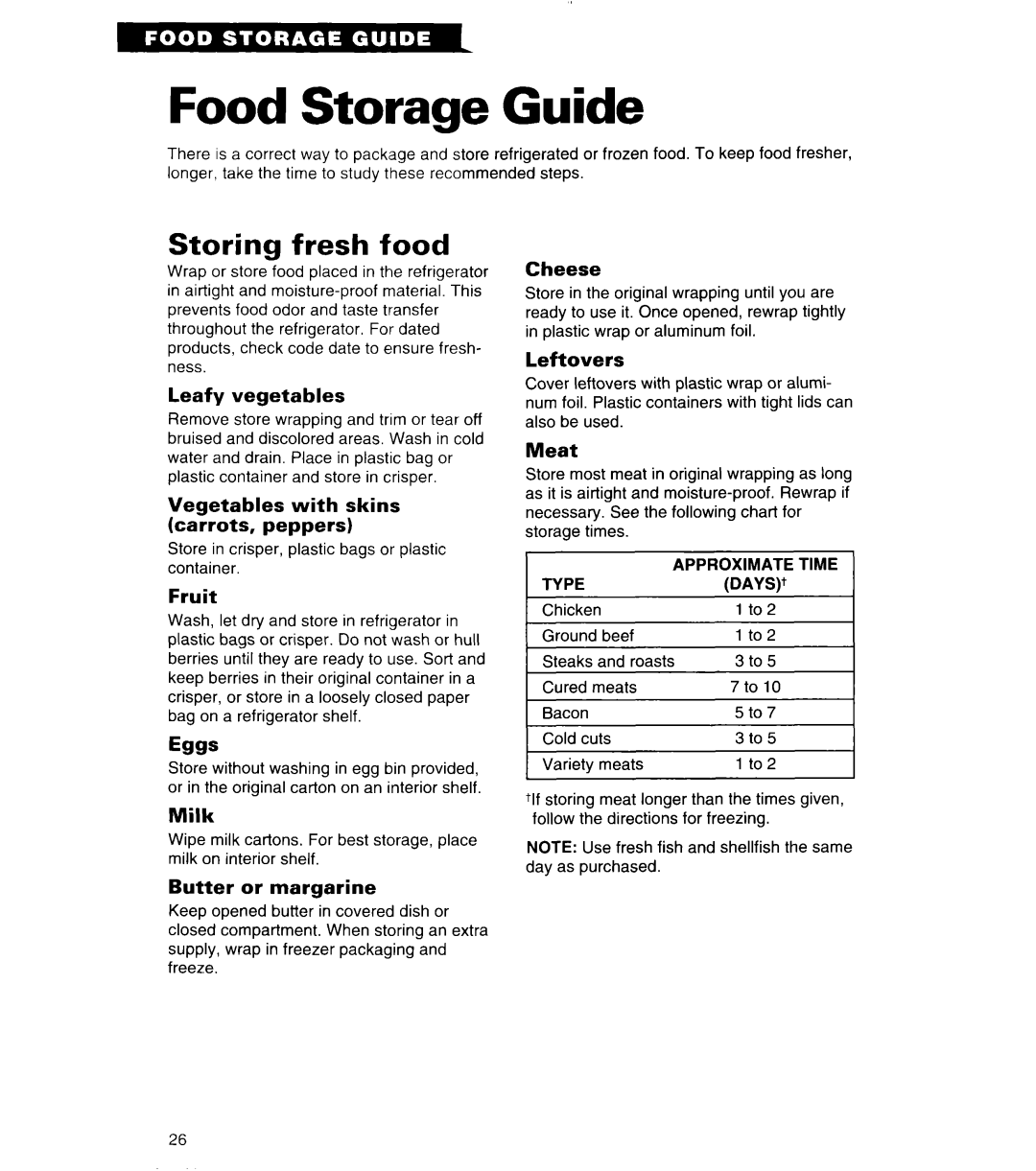 Whirlpool 4ED27DQ important safety instructions Food Storage Guide, Storing fresh food 