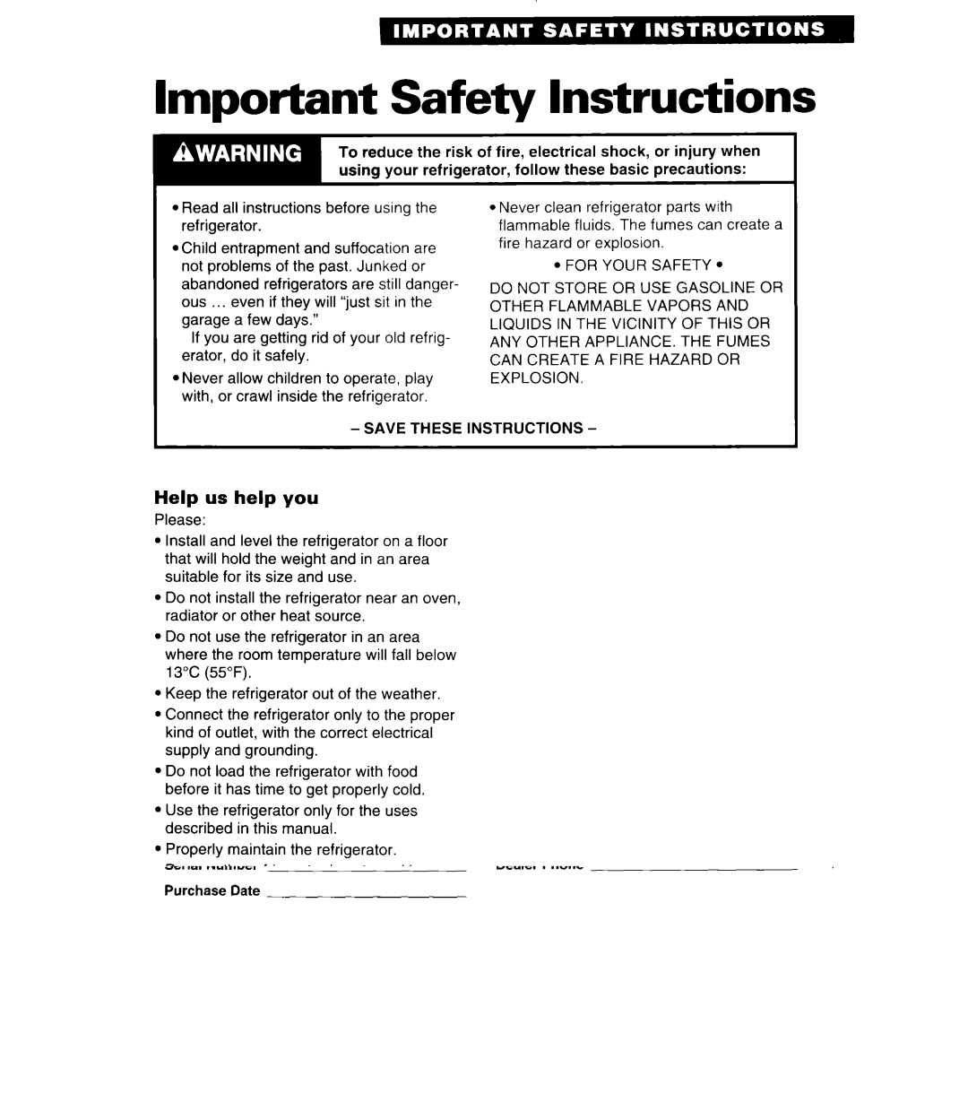 Whirlpool 4ED27DQ important safety instructions Important Safety Instructions, Help us help you 