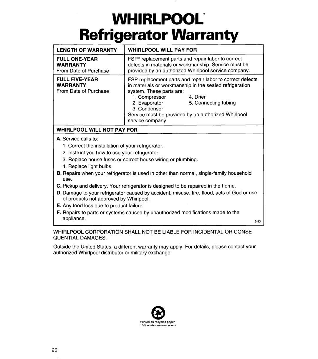 Whirlpool 4ED27DQ Refrigerator Warranty, Length of Warranty Full ONE-YEAR Warranty, Full FIVE-YEAR Warranty 