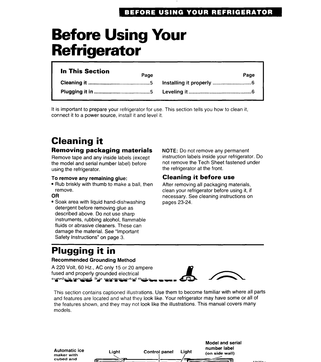 Whirlpool 4ED27DQ important safety instructions Before Using Your Refrigerator, Cleaning it, Plugging it 