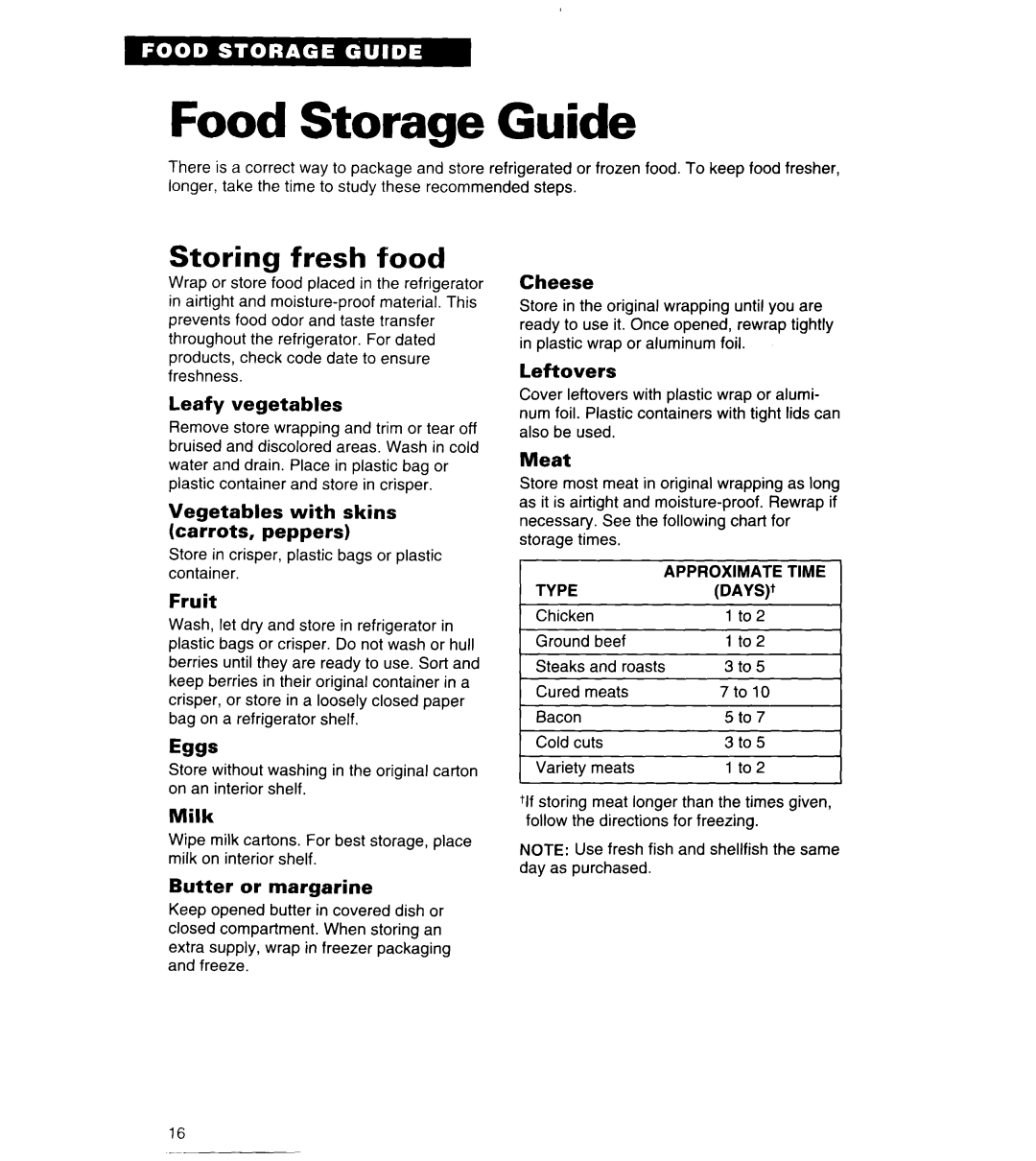 Whirlpool 4ET14GK important safety instructions Food Storage Guide, Storing fresh food 