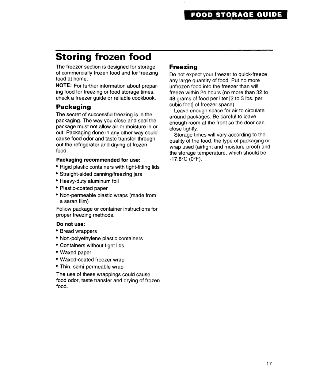 Whirlpool 4ET14GK important safety instructions Storing frozen food, Packaging, Freezing 