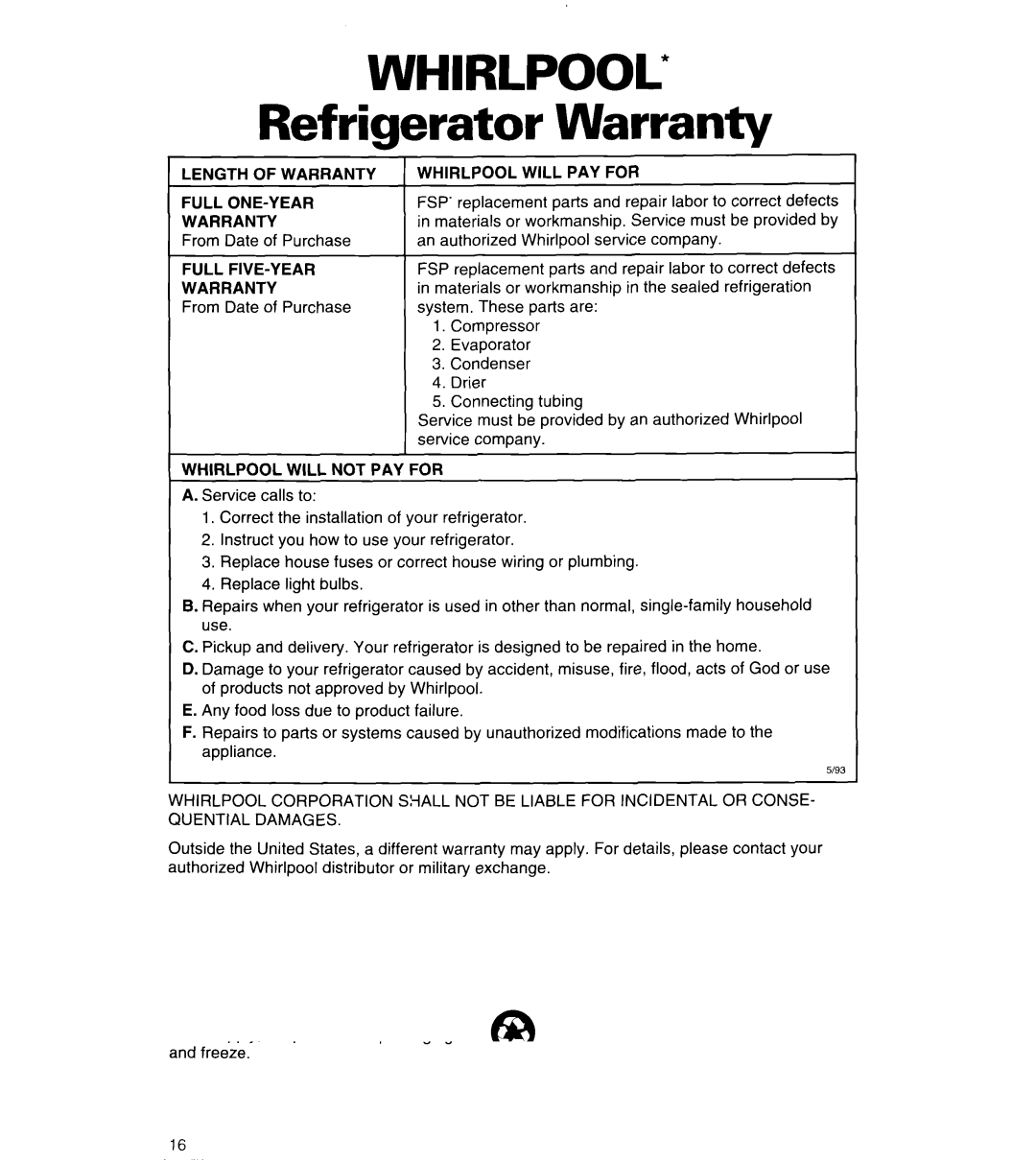 Whirlpool 4ET14GK Refrigerator Warranty, Length of Warranty, Whirlpool will PAY for, Whirlpool will not PAY for 