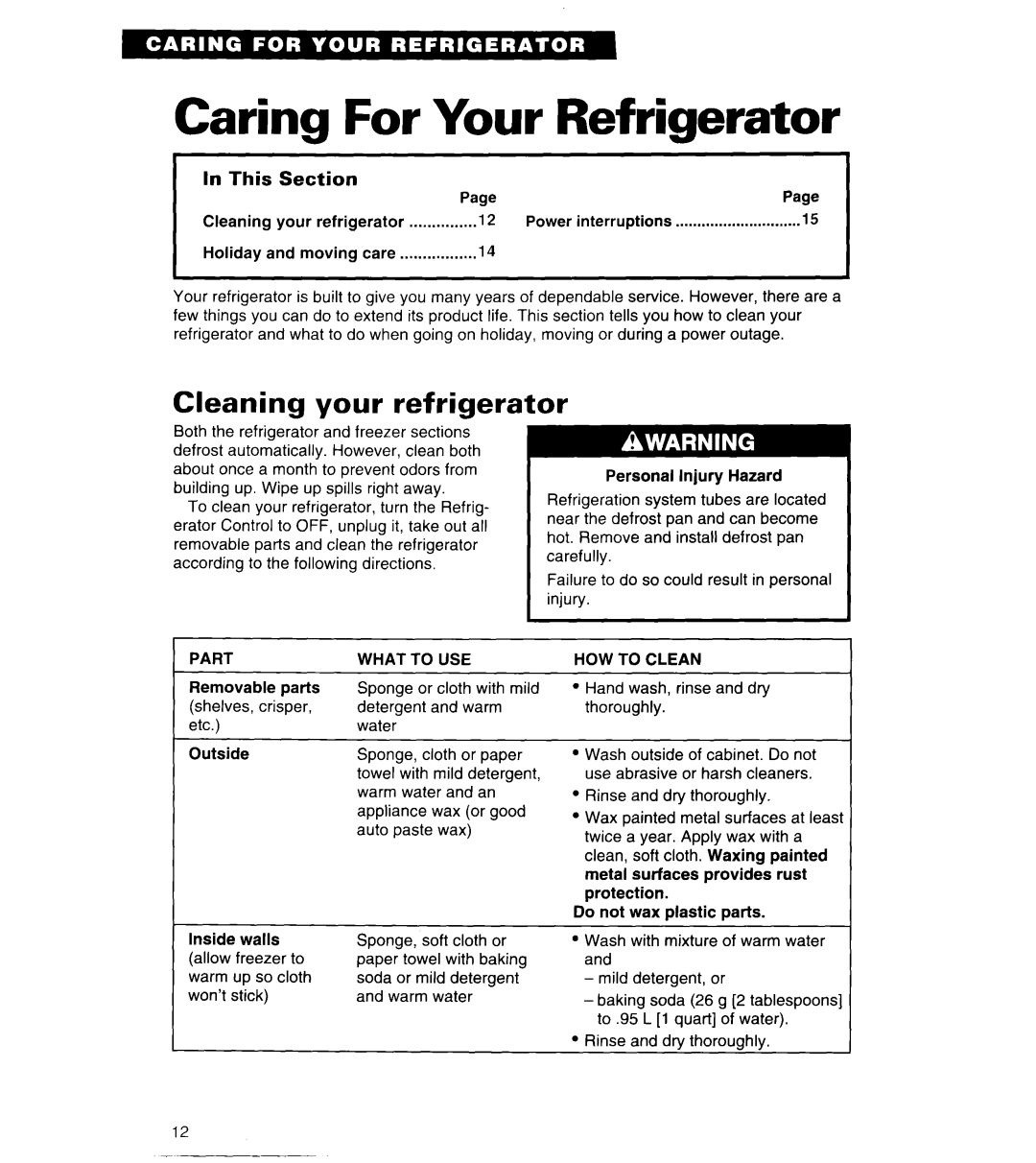 Whirlpool 4ET14GK important safety instructions Caring For Your Refrigerator, Cleaning your refrigerator, In This Section 