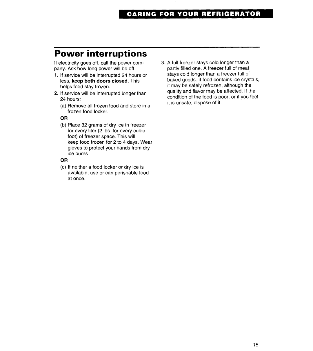 Whirlpool 4ET14GK important safety instructions Power interruptions 