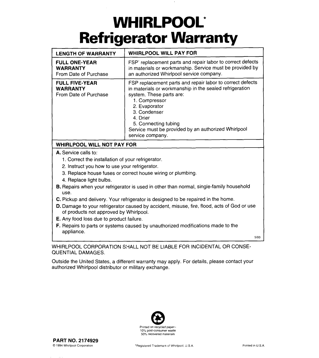 Whirlpool 4ET14GK important safety instructions WHIRLPOOL Refrigerator Warranty 
