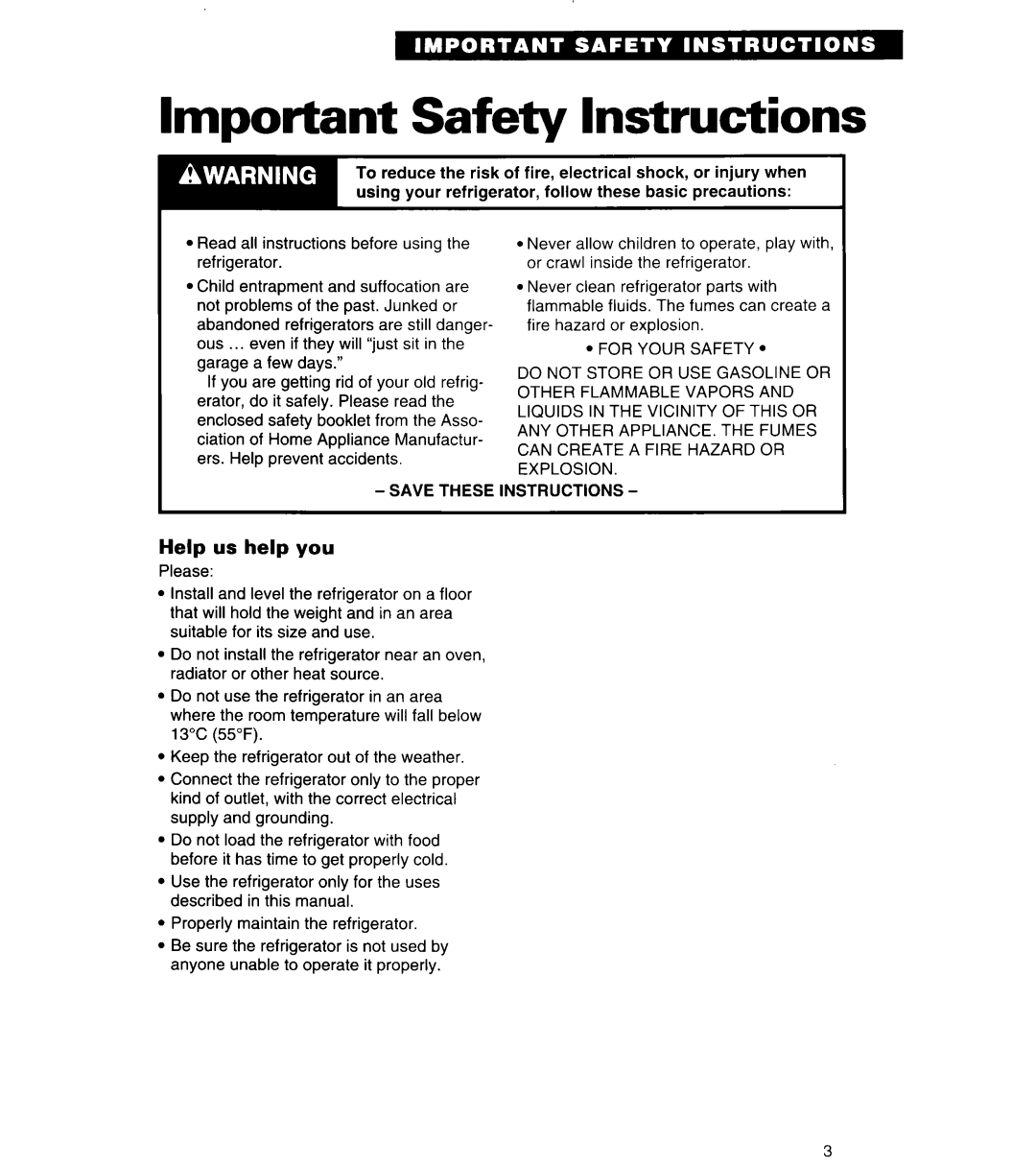 Whirlpool 4ET14GK important safety instructions Important Safety Instructions, Help us help you 