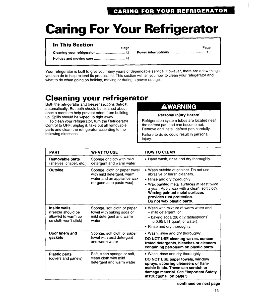 Whirlpool 4ET18ZK Caring For Your Refrigerator, Cleaning your refrigerator, Part What to USE, HOW to Clean 