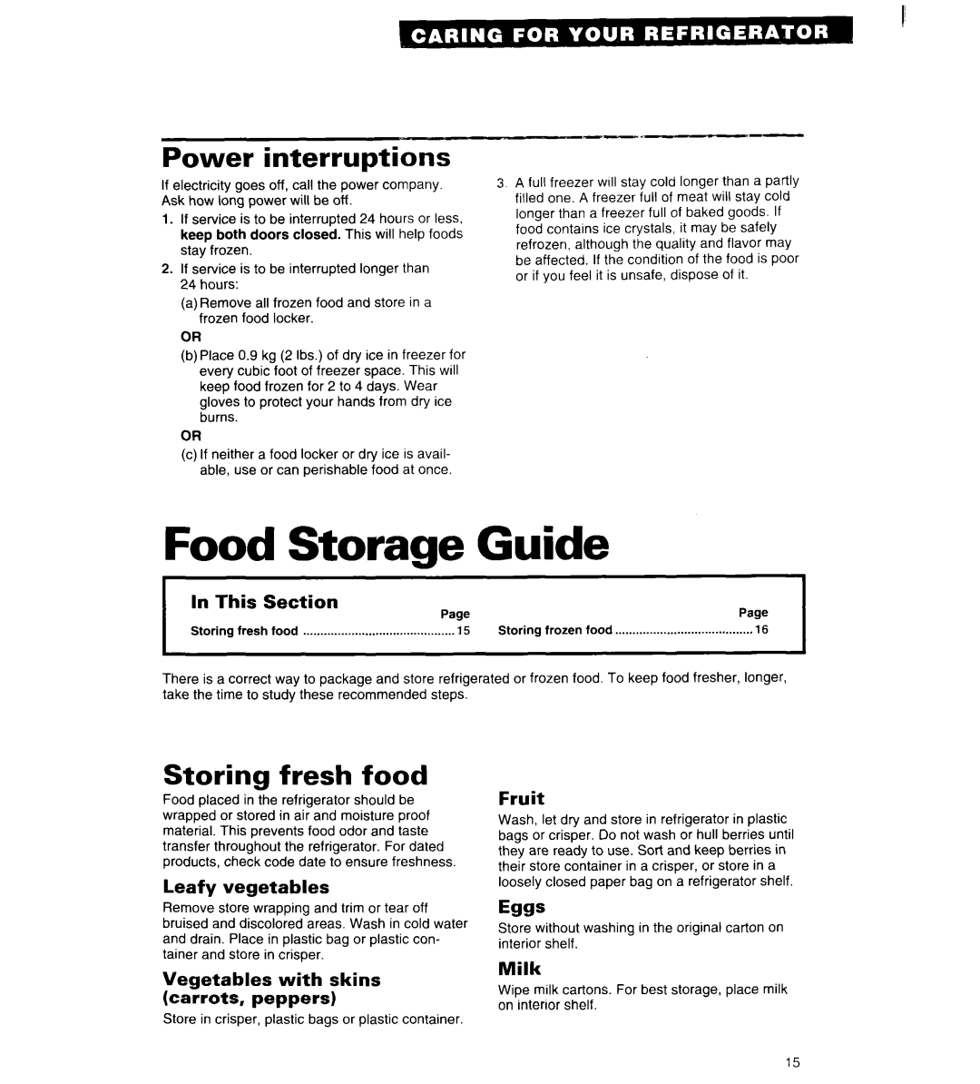 Whirlpool 4ET18ZK important safety instructions Guide, Power interruptions, Storing fresh food 