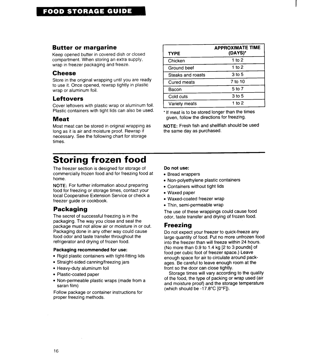 Whirlpool 4ET18ZK important safety instructions Storing frozen food 