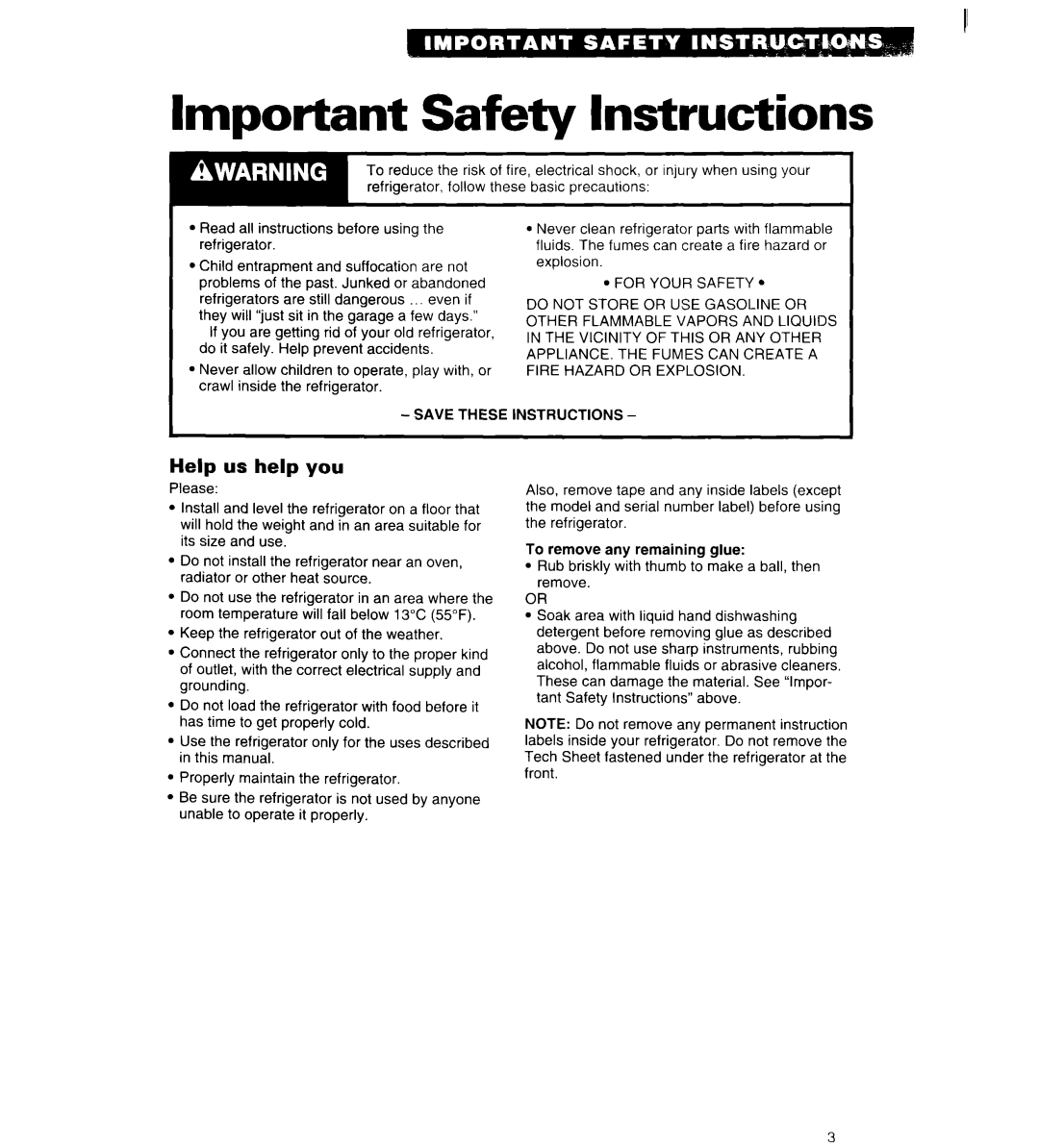 Whirlpool 4ET18ZK important safety instructions Important Safety Instructions, Help us help you 