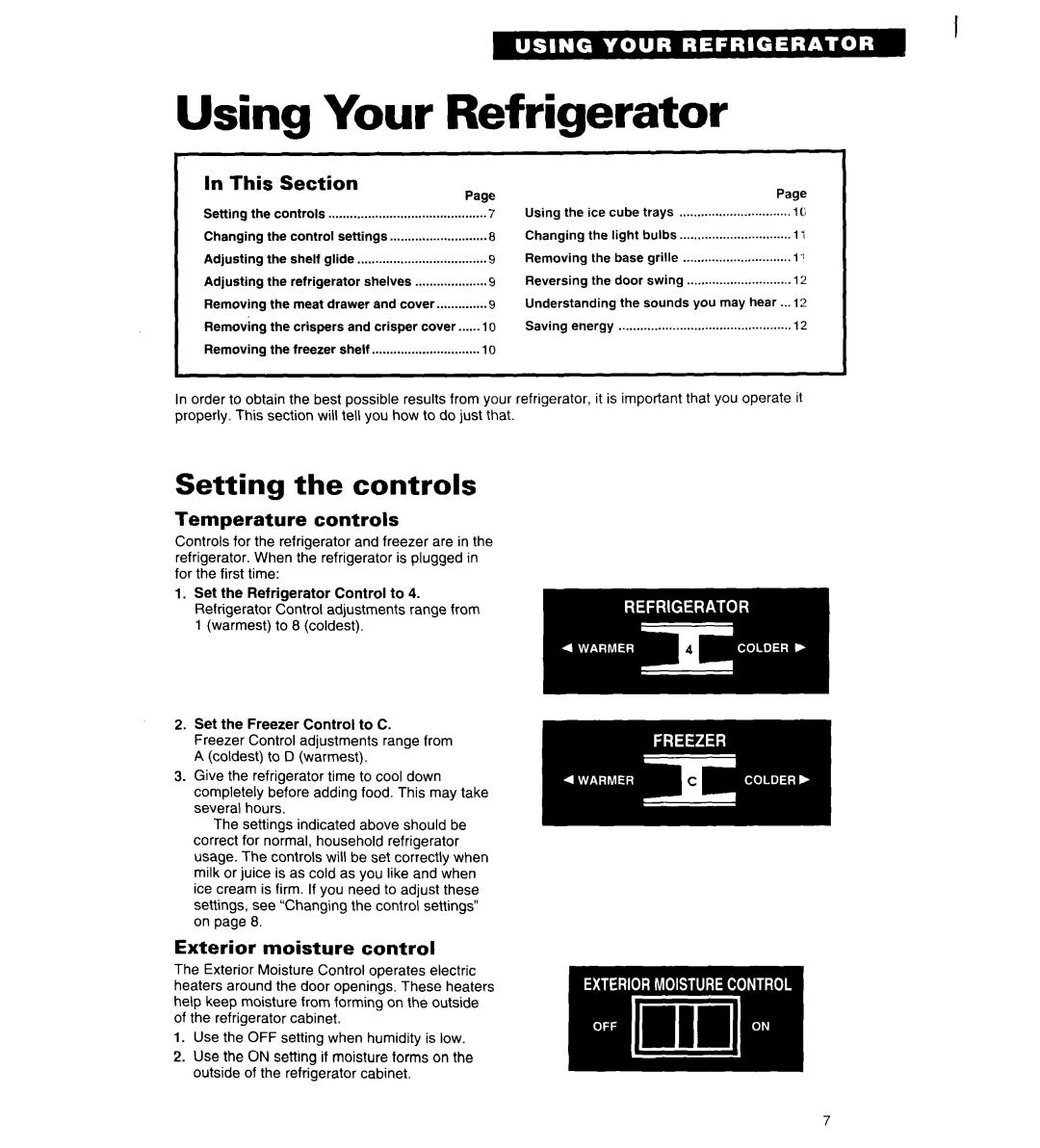 Whirlpool 4ET18ZK Using Your Refrigerator, Setting the controls, In This, Section, Temperature controls 
