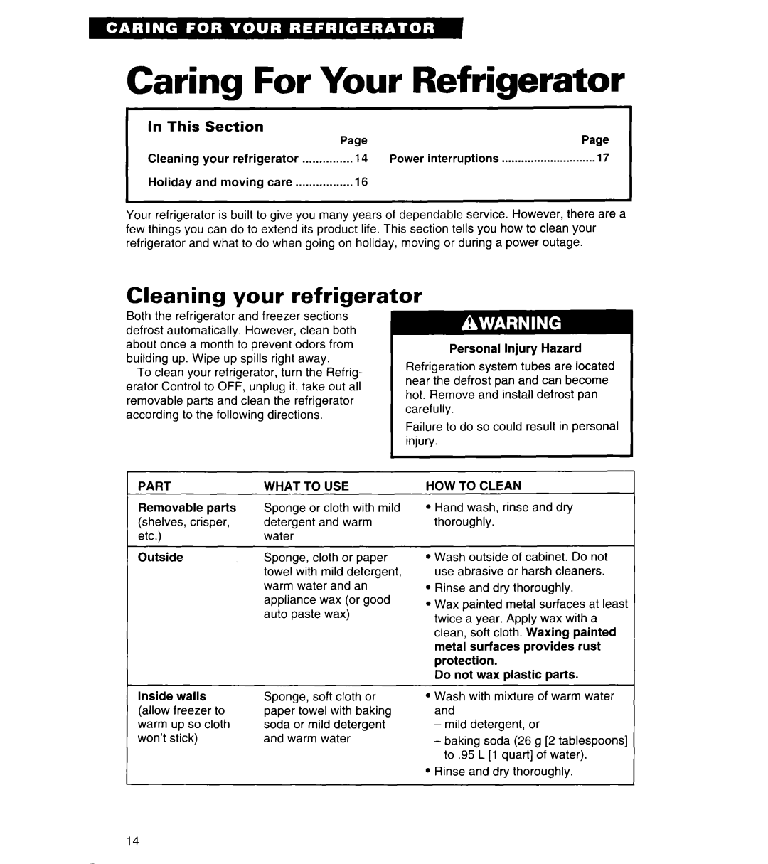 Whirlpool 4ET20ZK important safety instructions Caring For Your Refrigerator, Cleaning your refrigerator, In This Section 