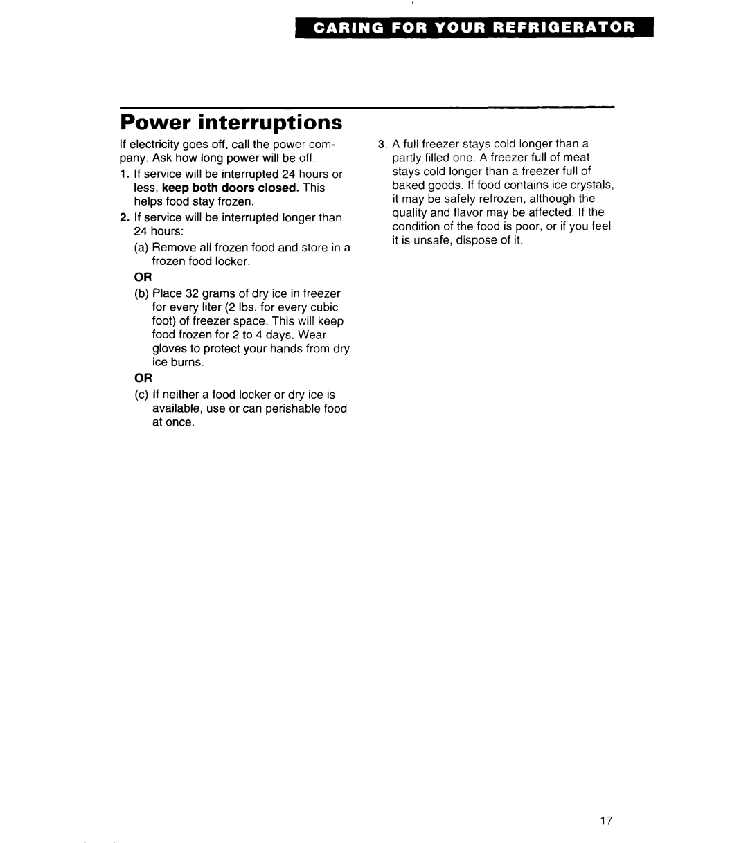 Whirlpool 4ET20ZK important safety instructions Power interruptions 
