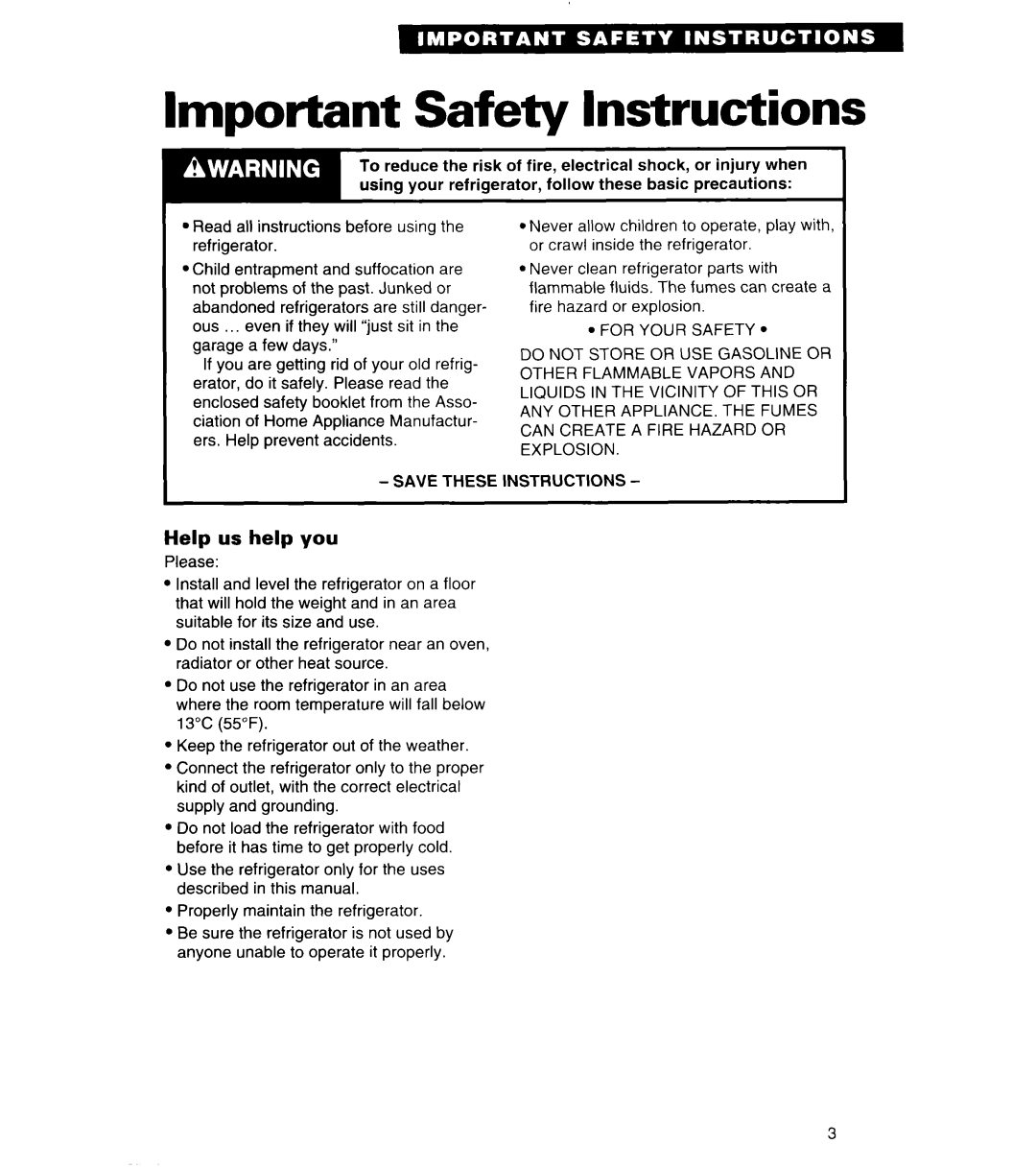 Whirlpool 4ET20ZK important safety instructions Important Safety Instructions, Help us help you 