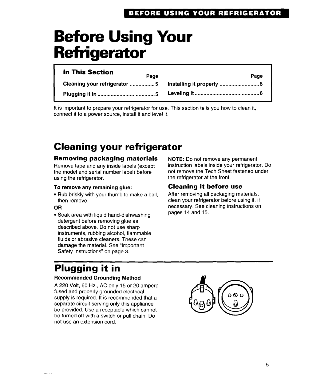 Whirlpool 4ET20ZK Before Using Your Refrigerator, Cleaning your refrigerator, Plugging it in, In This Section 
