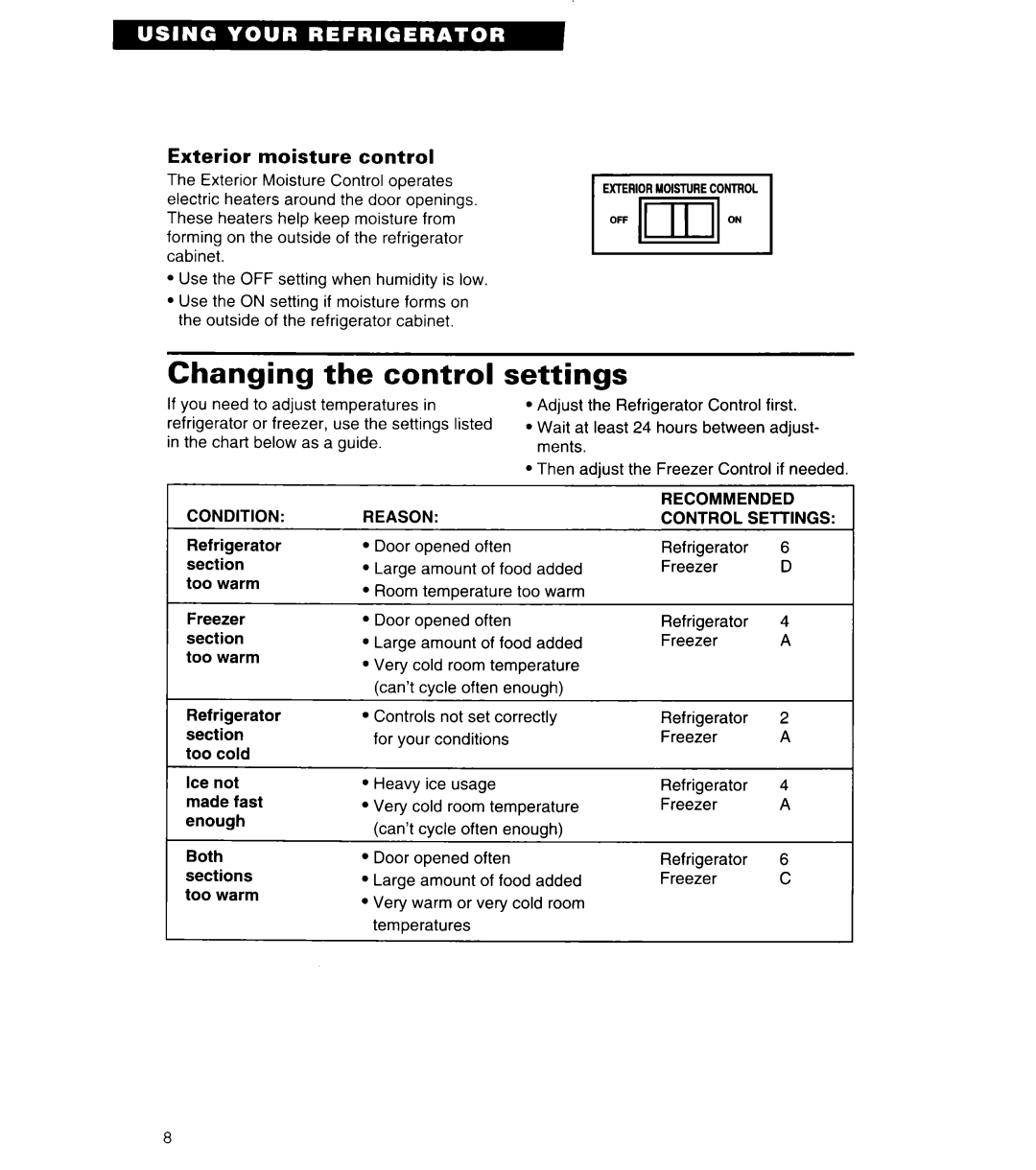 Whirlpool 4ET20ZK important safety instructions Changing the control, settings, Exterior moisture control 