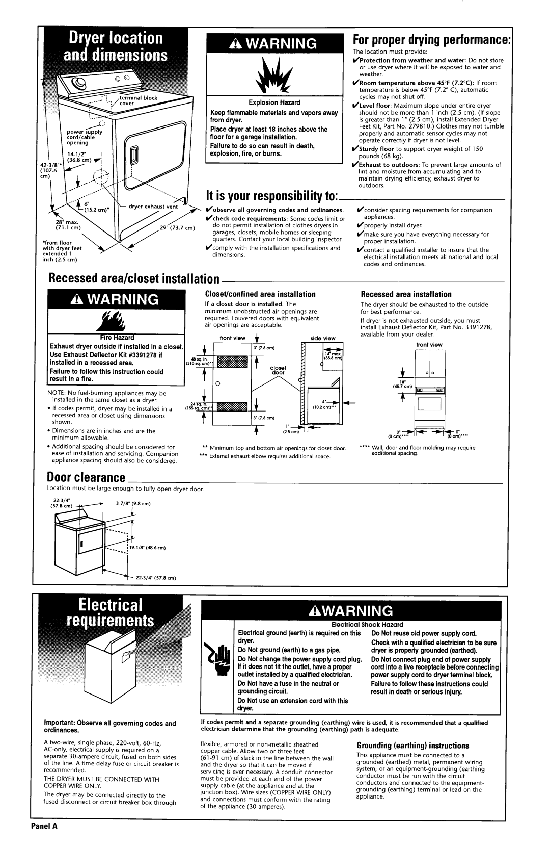 Whirlpool 4LEC7646EN0 For proper drying performanct, It is your responsibility to, Recessedarea/closet installation 