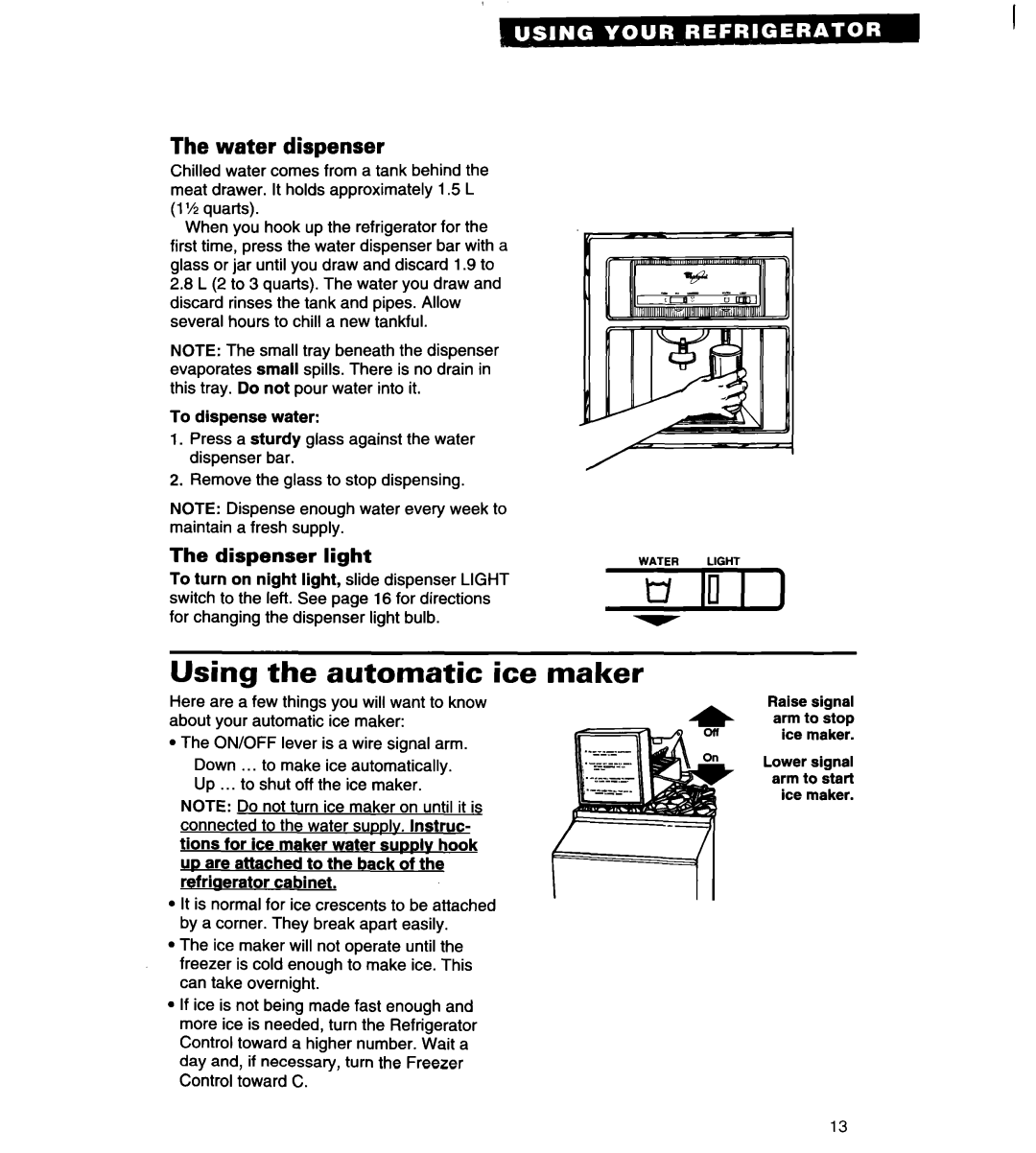 Whirlpool 4VED27DQ, 4VED29DQ important safety instructions Using the automatic ice maker, Dispenser light 