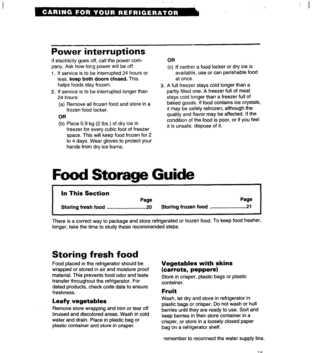 Whirlpool 4VED29DQ, 4VED27DQ important safety instructions Food Storage Guide, Power interruptions, Storing fresh food 