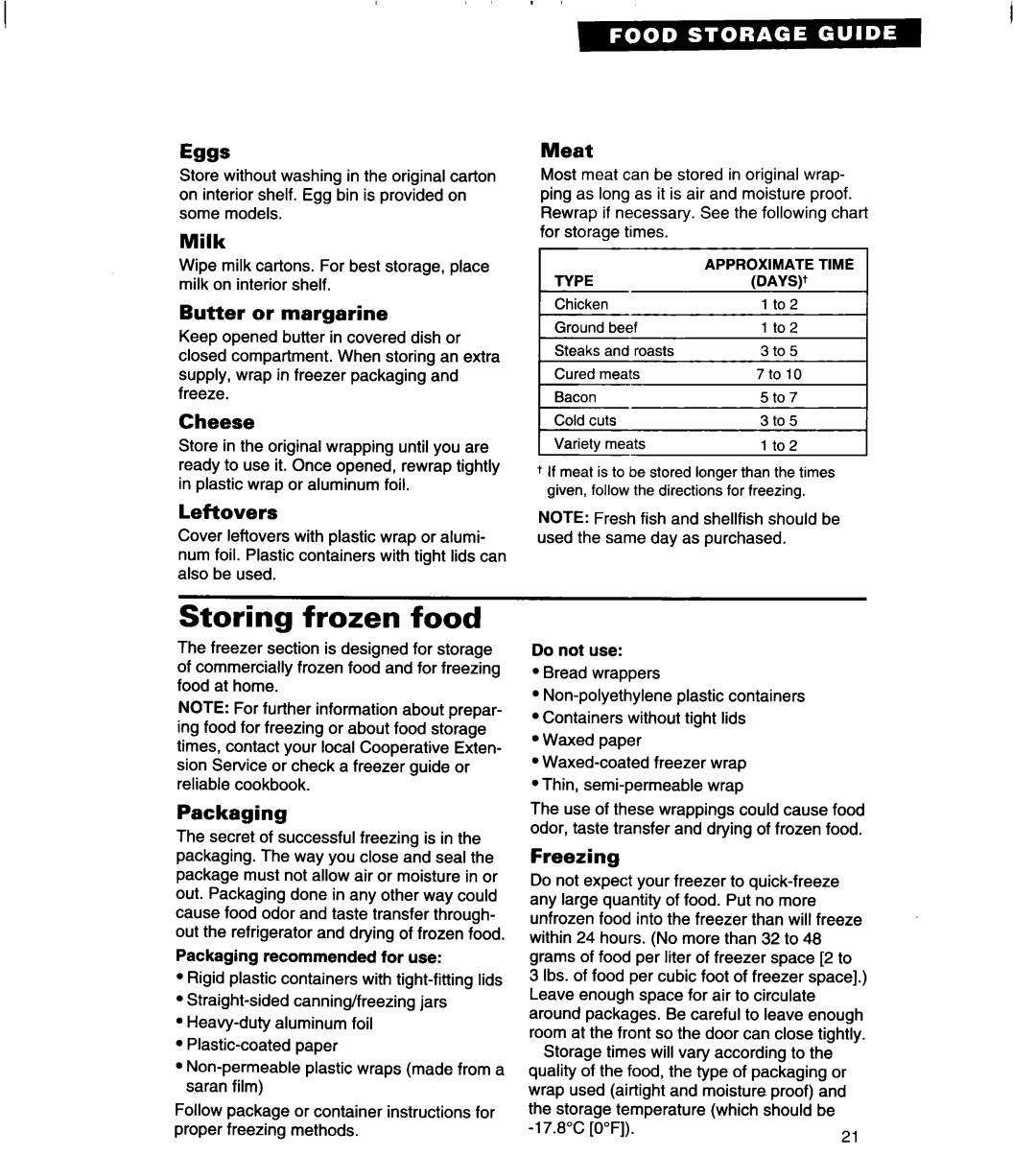 Whirlpool 4VED27DQ, 4VED29DQ important safety instructions Storing frozen food 