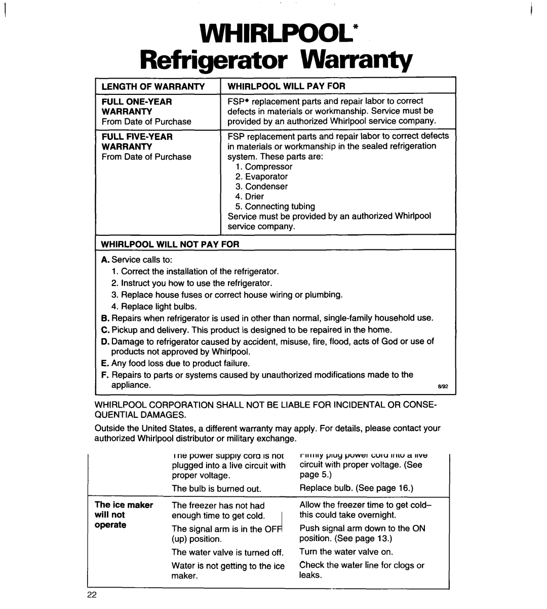 Whirlpool 4VED29DQ, 4VED27DQ Refrigerator Warranty, Full ONE-YEAR Warranty, Full FIVE-YEAR Warranty 