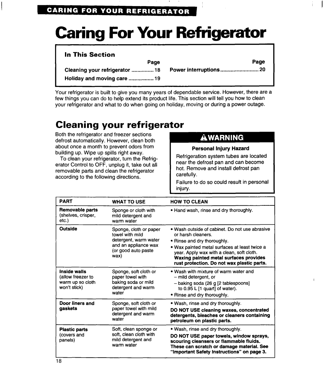Whirlpool 4VED29DQ, 4VED27DQ Caring For Your Refrigerator, Cleaning your refrigerator, In This Section 