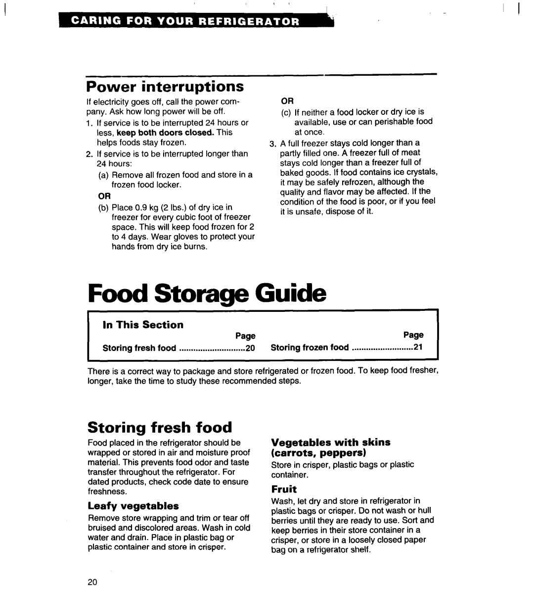 Whirlpool 4VED29DQ Food Storage Guide, Power interruptions, Storing fresh food, In This, Section, Leafy vegetables, Fruit 