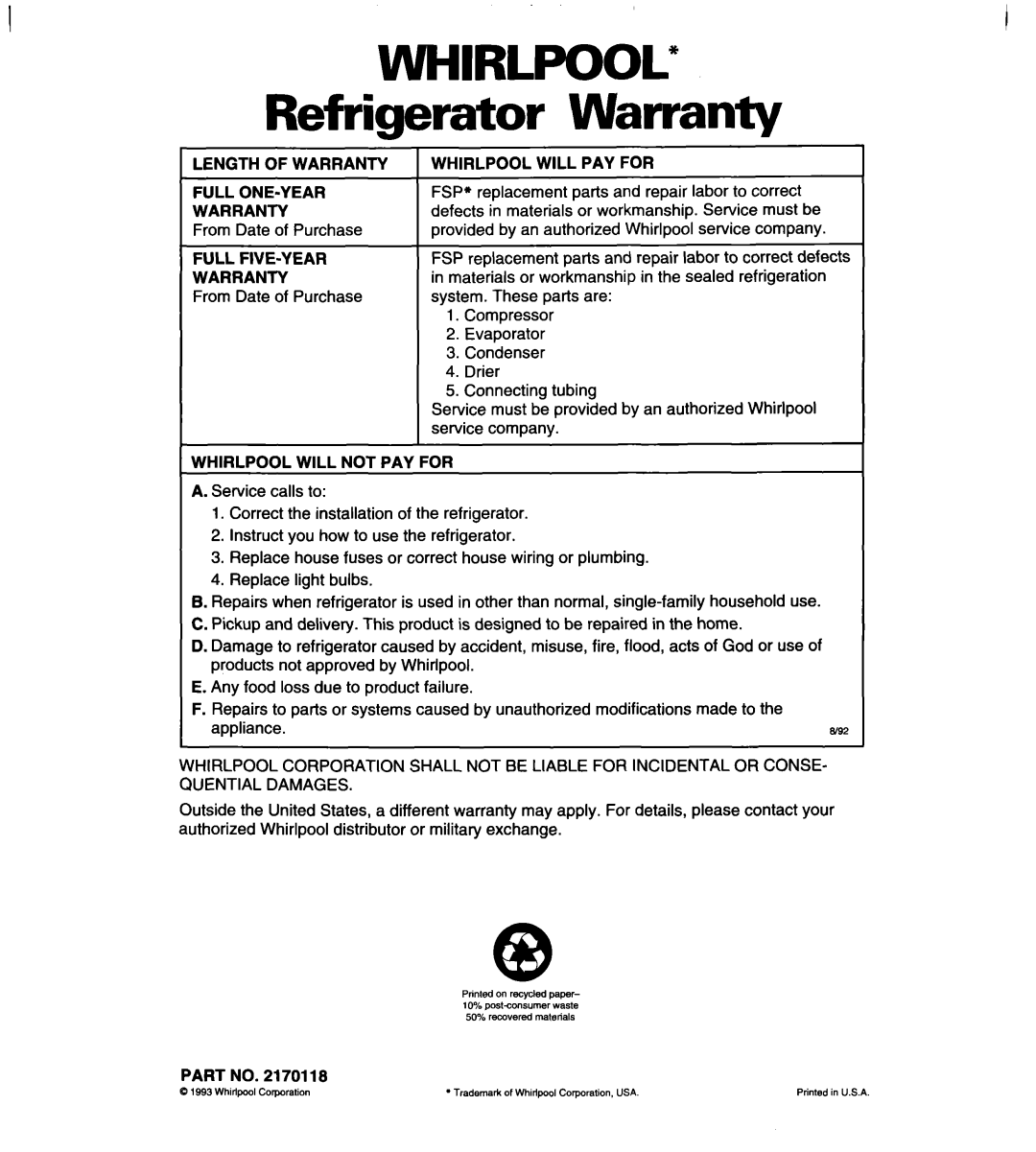 Whirlpool 4VED29DQ, 4VED27DQ important safety instructions Refrigerator Warranty, Whirlpool 