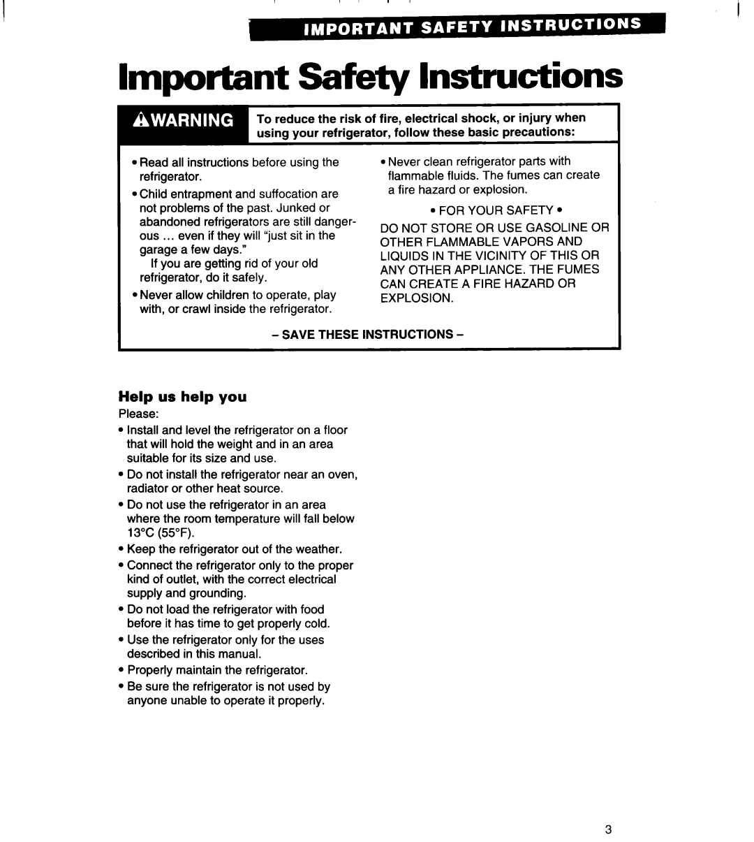 Whirlpool 4VED27DQ, 4VED29DQ important safety instructions Important Safety Instructions, Help us help you 