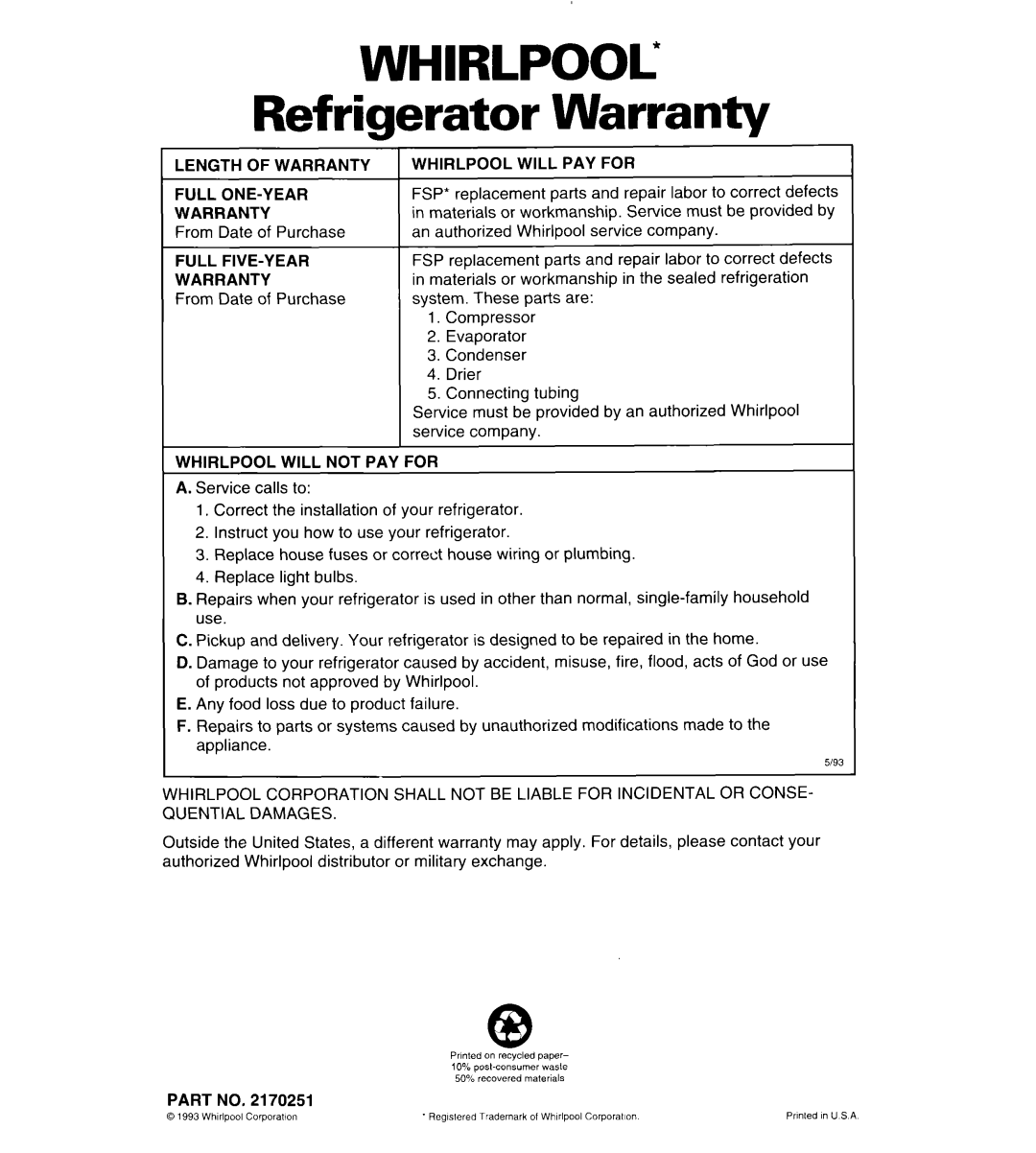 Whirlpool 4VET19DK, 4VET21DK Refrigerator Warranty, Length of Warranty, Full FIVE-Y EAR Warranty, Whirlpool will PAY for 