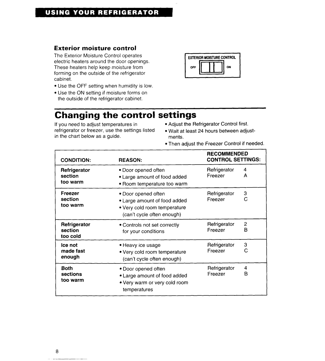 Whirlpool 4VETLSDK, 4VET21DK, 4VET19DK Changing the control, ’*ia*I Settings, Exterior moisture control 