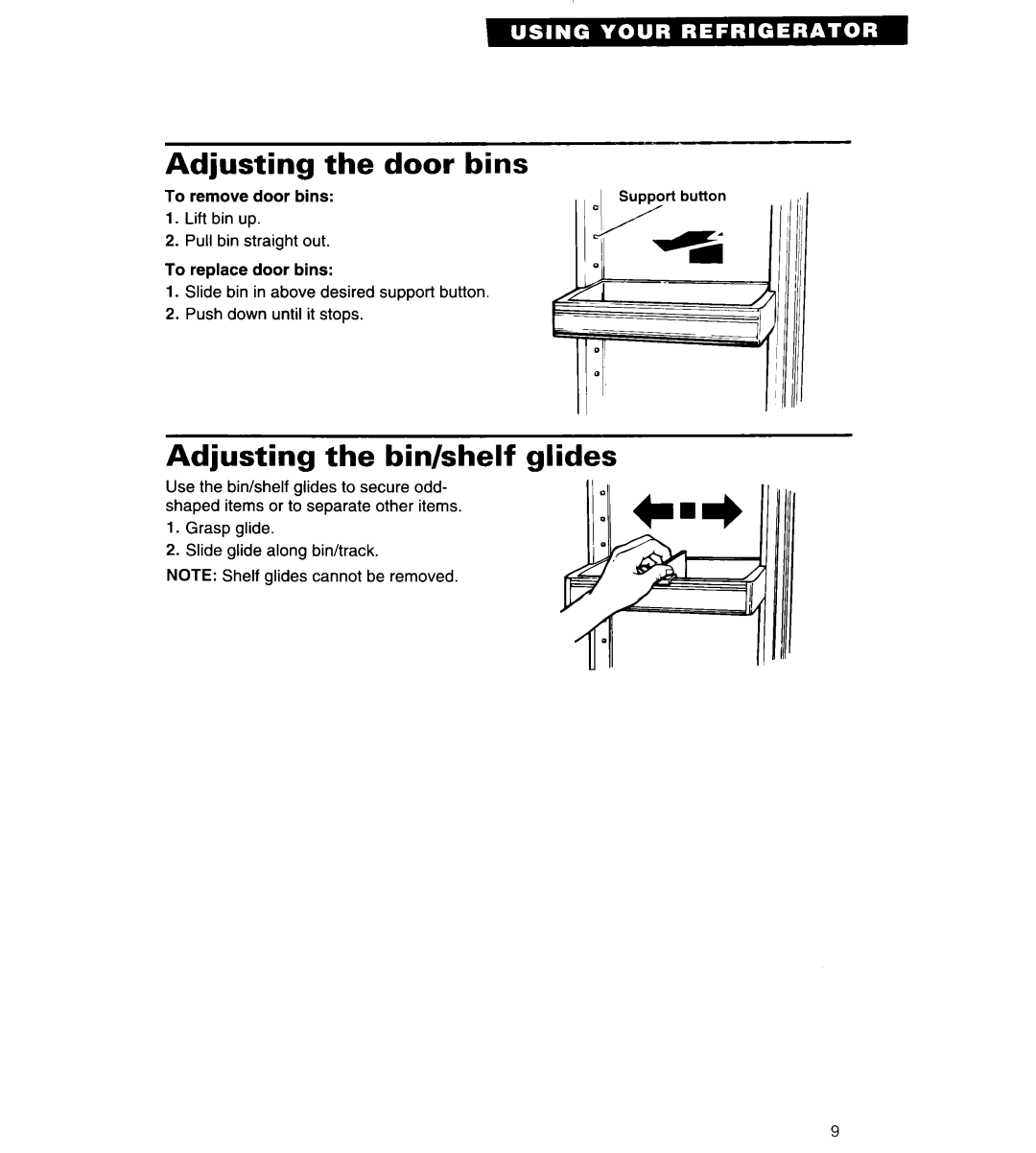 Whirlpool 4VET21DK, 4VET19DK, 4VETLSDK important safety instructions Adjusting Door Bins, Adjusting the bin/shelf glides 