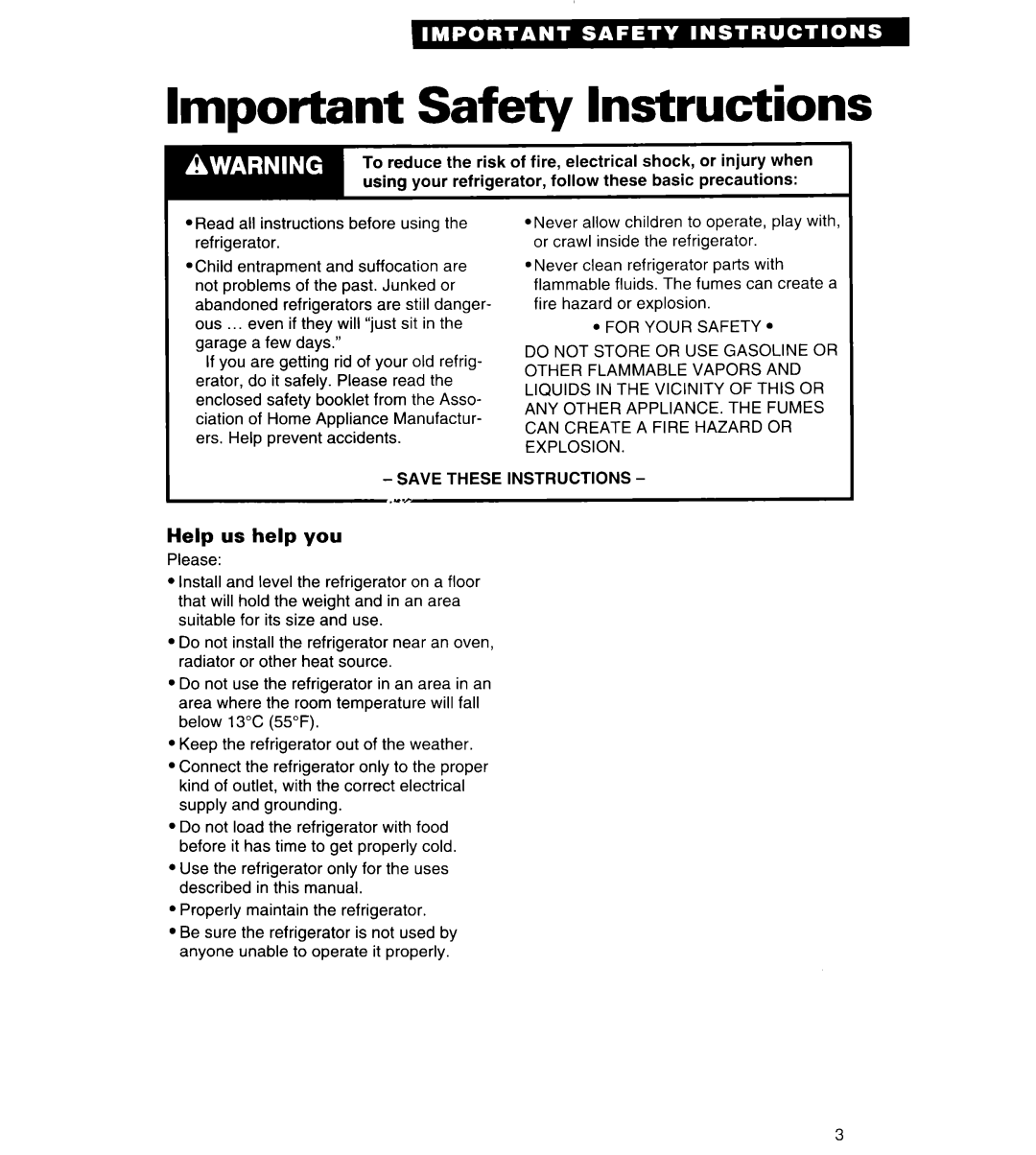 Whirlpool 4VET21DK, 4VET19DK, 4VETLSDK important safety instructions Important Safety Instructions, Help us help you 