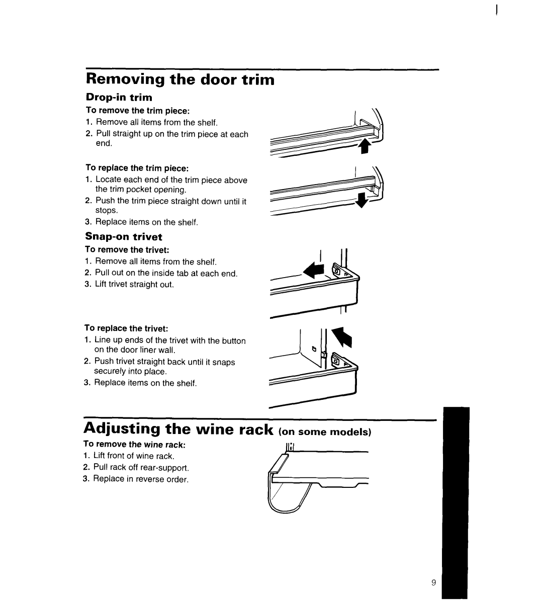 Whirlpool 4YED27DQDN00 manual Removing the door trim, Adjusting the wine rack on some models, Drop-in trim, Snap-on trivet 