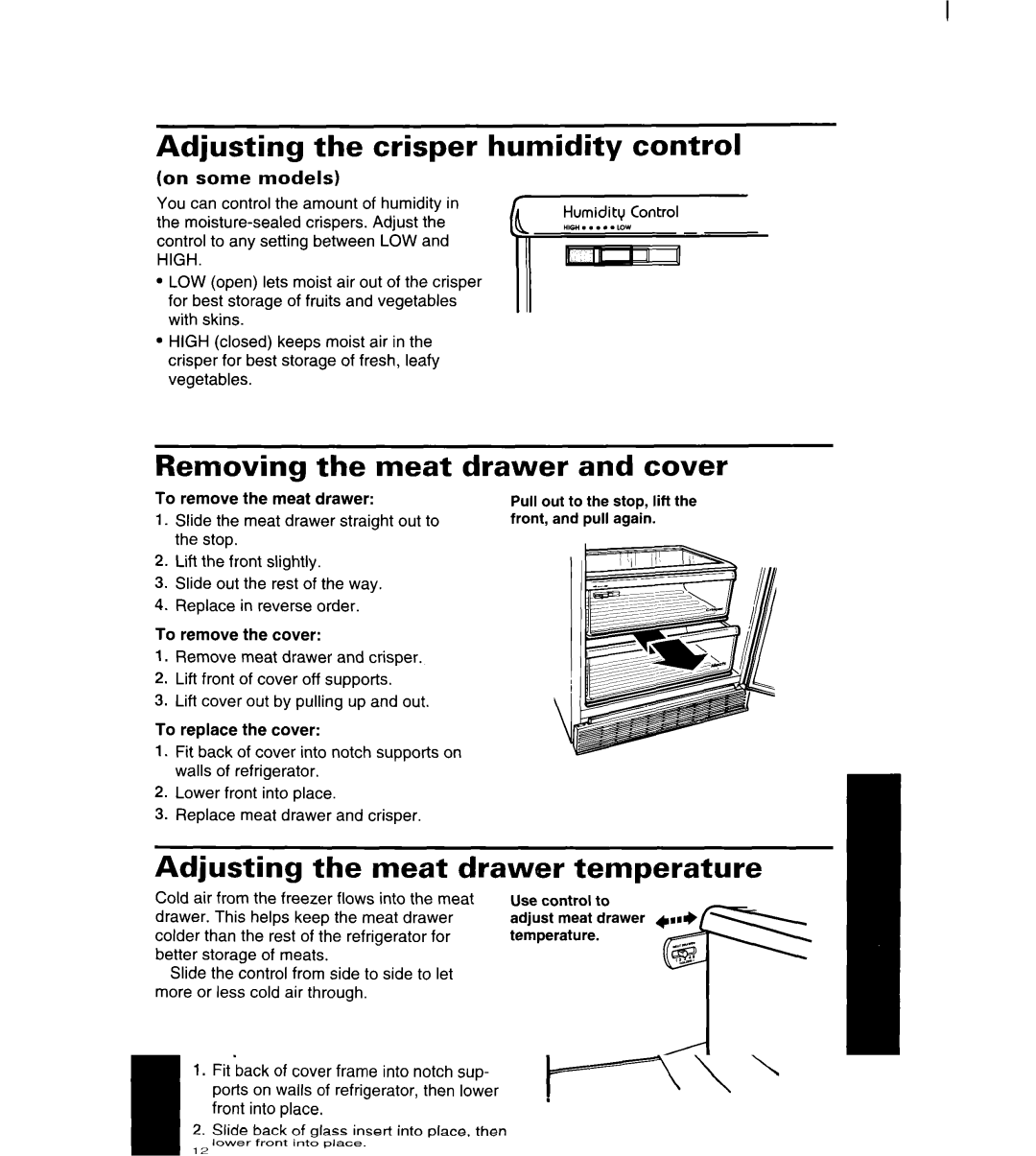 Whirlpool 4YED27DQDN00 manual Adjusting the crisper, Humidity control, Removing the meat drawer and cover 