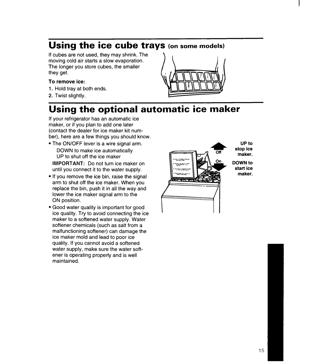 Whirlpool 4YED27DQDN00 manual Using the ice cube trays on some models, Using the optional automatic ice maker 