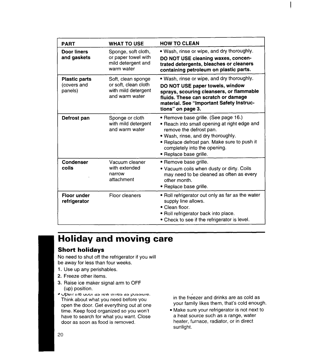 Whirlpool 4YED27DQDN00 manual Holiday and moving care, Short holidays, Part What to USE HOW to Clean, Do not 