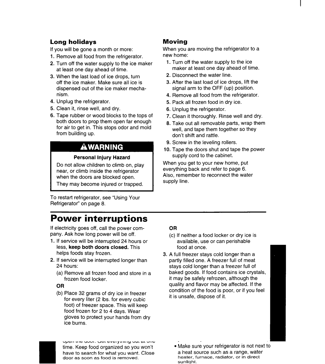 Whirlpool 4YED27DQDN00 manual Power interruptions, Long holidays, Moving 