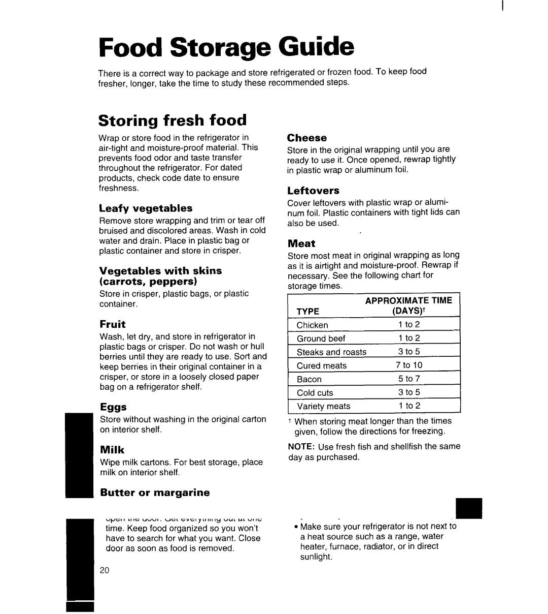 Whirlpool 4YED27DQDN00 manual Food Storage Guide, Storing fresh food 