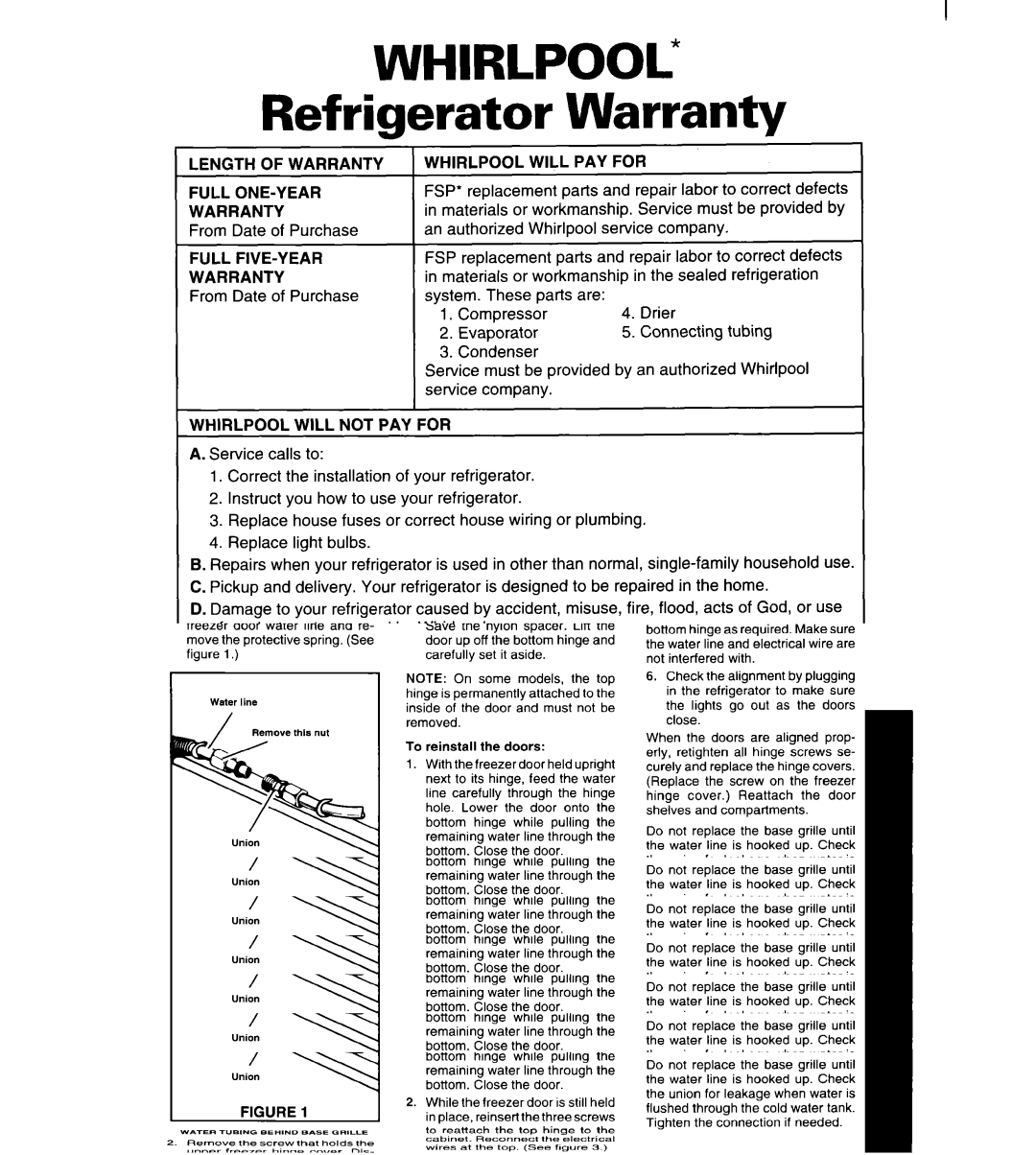 Whirlpool 4YED27DQDN00 manual Refrigerator Warranty, Length of Warranty, Whirlpool will PAY for, Whirlpool will not PAY for 