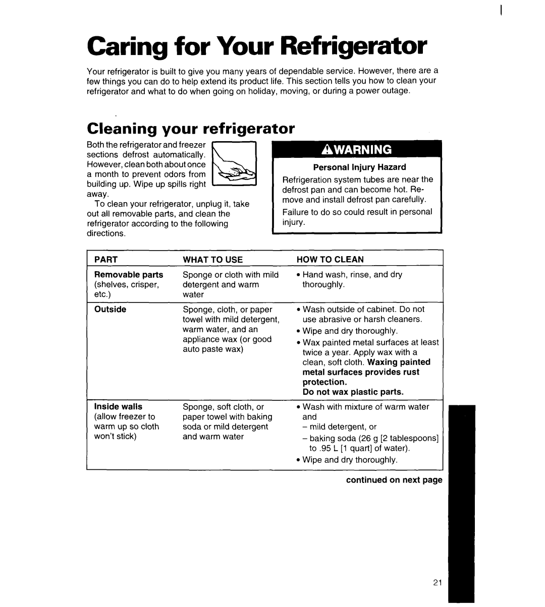 Whirlpool 4YED27DQDN00 manual Caring for Your Refrigerator, Cleaning your refrigerator 
